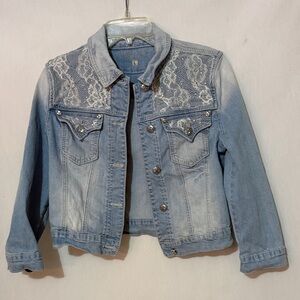 Miss Me Light Blue Denim Jacket with White Lace & Studs, Size L, EUC, MAKE OFFER